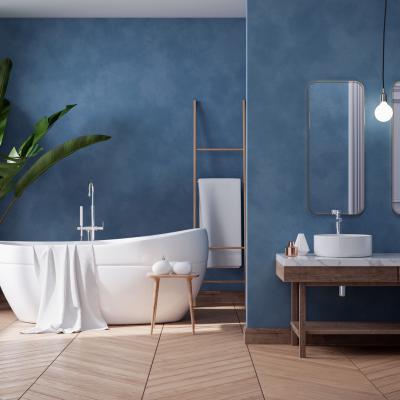 Luxurious Modern Bathroom Interior Design White Bathtub Grunge Dark Blue Wall 3d Render